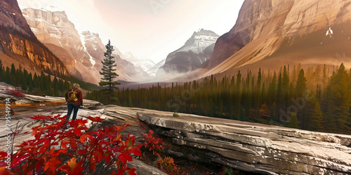 Solo hiker finds peace amidst Canadian Rockies' autumnal majesty. photo