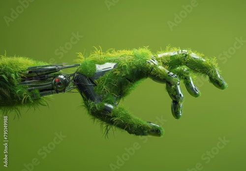 Green tech concept: human arm in lush grass, robotic hand; 3D render.