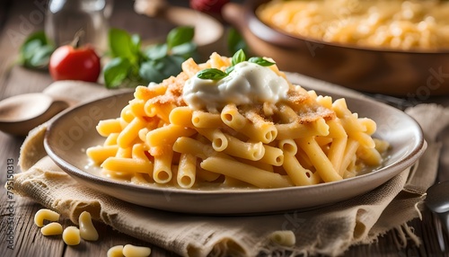 macaroni and cheese homemade food, pasta with mozzarella cheese ,food styling on table. 