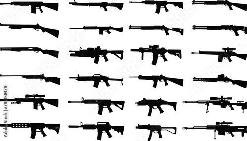 set of weapons collection of silhouettes on white background vector