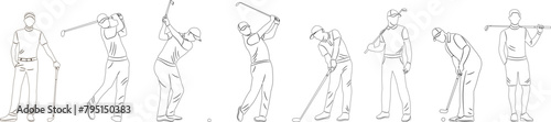 set of golfer, man playing golf collection of sketches on white background vector © zolotons