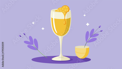 A sparkling glass of champagne paired with a dollop of creamy lavenderinfused honey for a sophisticated twist on traditional honey tasting.. photo