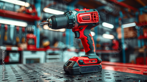 A cordless red and black drill positioned upright on a metal workbench, indicative of a professional workshop setting.