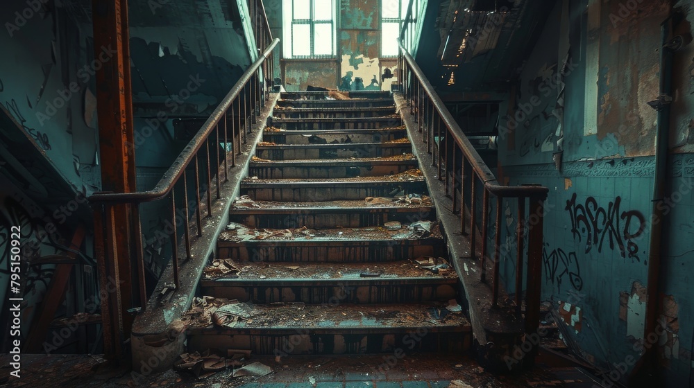 Wide-angle shot of a staircase in an industrial warehouse, hinting at urban decay Wide-angle shot of a staircase in an industrial warehouse, hinting at urban decay
