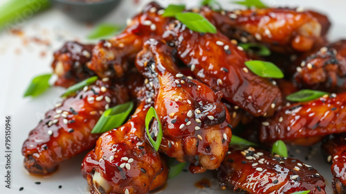 A platter of BBQ chicken wings coated in a sticky glaze, garnished with sesame seeds and green onions, arranged meticulously on a white surface to highlight the finger-licking goodness of this BBQ 