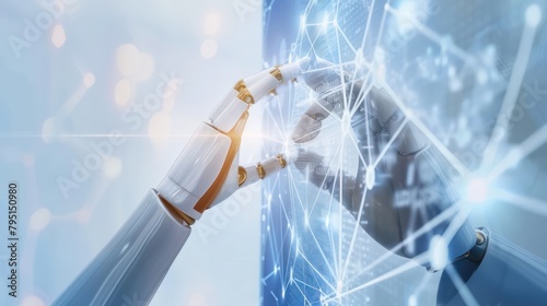 Human and Robot hands touching and connecting on binary code background