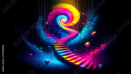 Surreal staircase to imagination with a vortex of rainbow colors against a dark nebulous background. photo