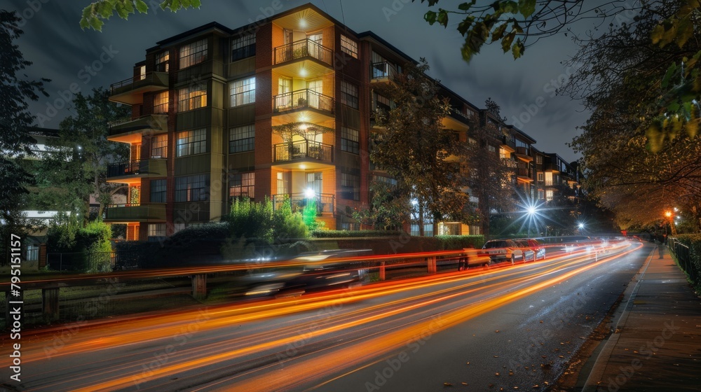 Fototapeta premium apartment building at night,, long exposure light painting technique, Light trails from cars, 16:9