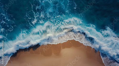 Waves on the beach. Aerial top down view. --