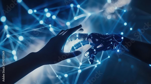 Human and Robot hands touching and connecting on binary code background