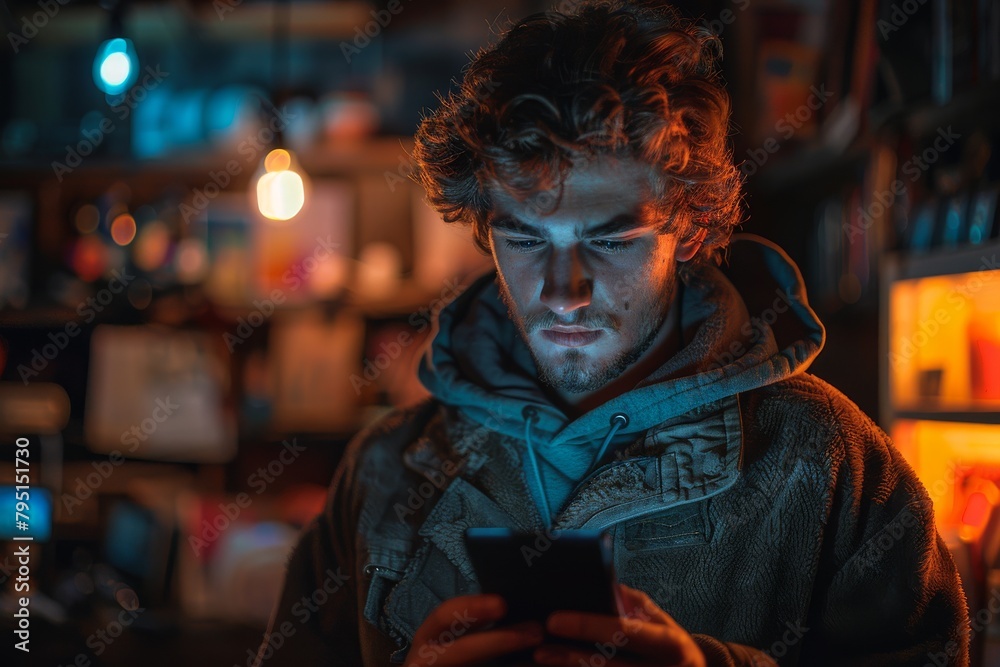 A moody scene shows a hooded person deeply engrossed in their smartphone amidst dark, ambient lighting A moody scene shows a hooded person deeply engrossed in their smartphone amidst dark, ambient lighting
