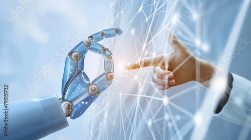 Human and Robot hands touching and connecting on binary code background
