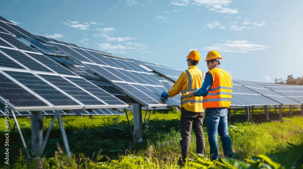 Two men standing in front of a row of solar panels Two men standing in front of a row of solar panels