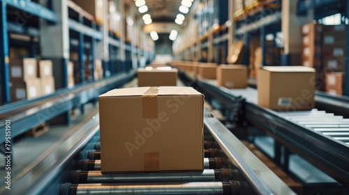 Cardboard boxes moving on conveyor belt in warehouse