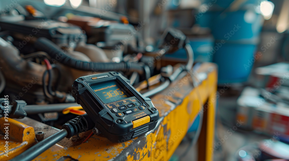 A digital multimeter device being used on industrial machinery equipment for diagnostics.