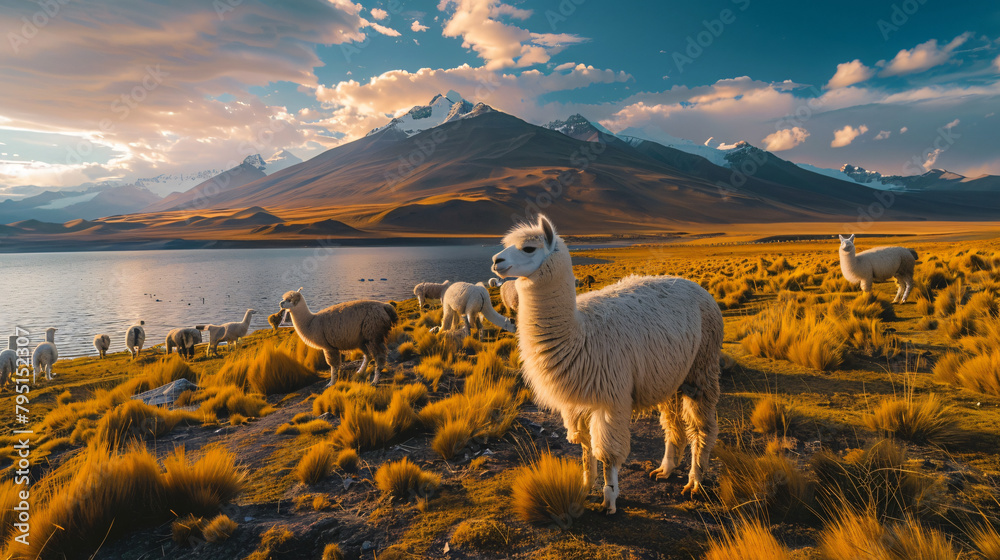 Obraz premium White alpacas on Laguna Colorada in Altiplano Bolivia.