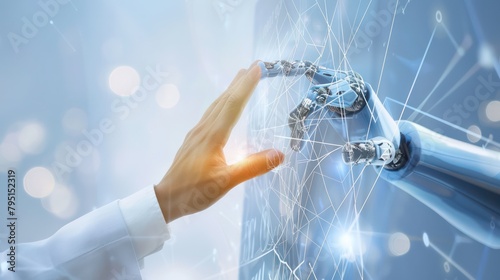 Human and Robot hands touching and connecting on binary code background