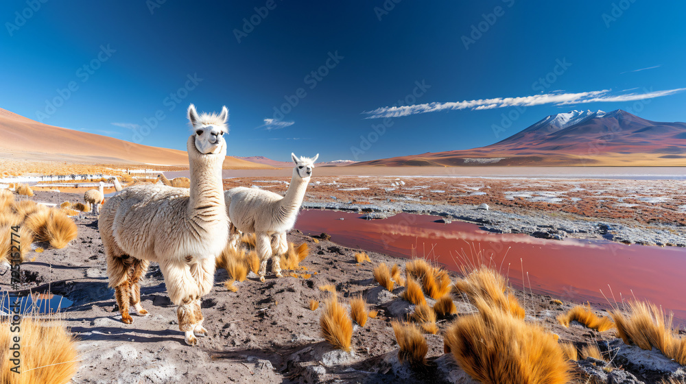 Obraz premium White alpacas on the shore of lake Laguna Colorada 