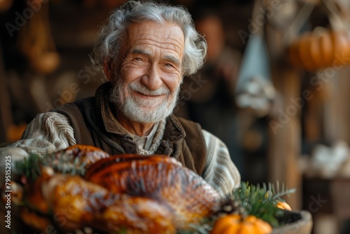 A heartwarming scene of a joyful elderly man with a Thanksgiving turkey, embodying tradition and family values