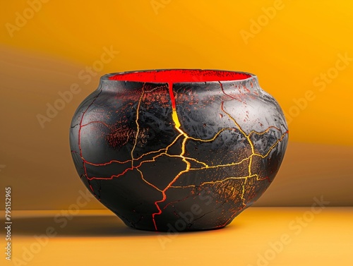 a black and orange pot with a crack in it