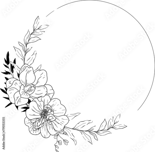 Hand drawn florals Circular Frames with roses  leaves and branches.