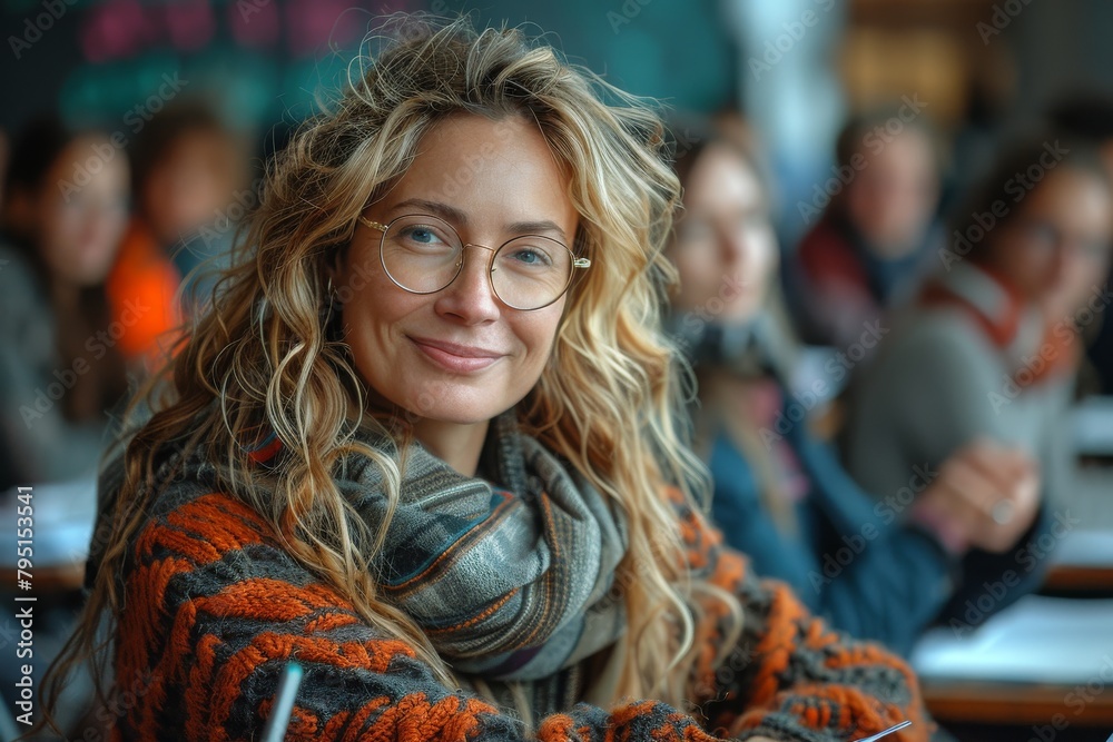 A smart, attractive blonde woman in a classroom, wearing glasses and casually dressed A smart, attractive blonde woman in a classroom, wearing glasses and casually dressed