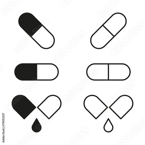 Medication capsule icons. Liquid medicine drop. Pharmaceutical symbols. Vector illustration. EPS 10.