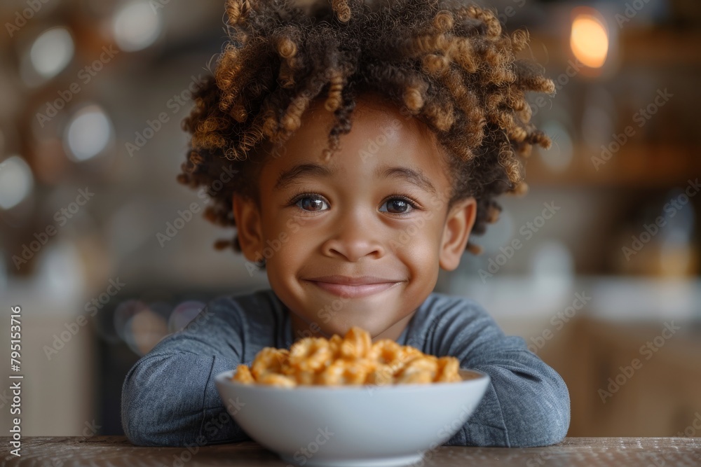 A cheerful young boy with curly hair smiles behind a large bowl of pasta, with a cosy ambiance A cheerful young boy with curly hair smiles behind a large bowl of pasta, with a cosy ambiance
