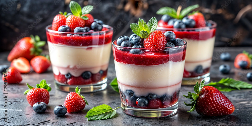 milk dessert with strawberries and blueberries milk dessert with strawberries and blueberries