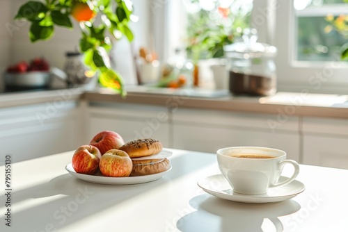 Bright modern kitchen morning coffee scene with copy space and summer breakfast on white table © Sergej Gerasimov