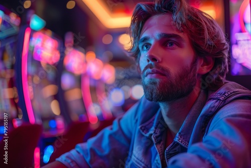 A man with a beard is deeply absorbed in thought amidst colorful neon lights at a gaming arcade