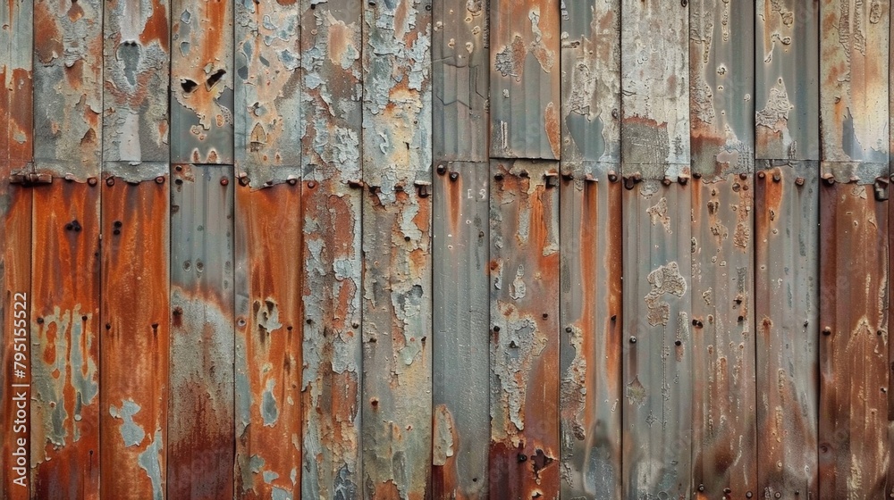 Rusty metal wall with chipped paint and corrosion