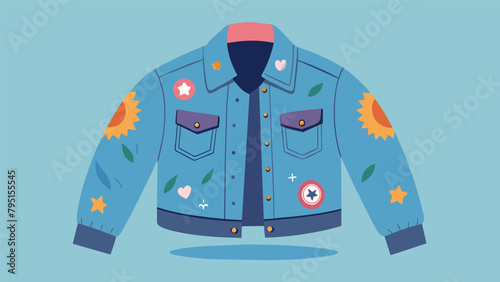 A trendy cropped denim jacket complete with distressed patches and trendy pins discovered for a fraction of its original price at the local thrift.