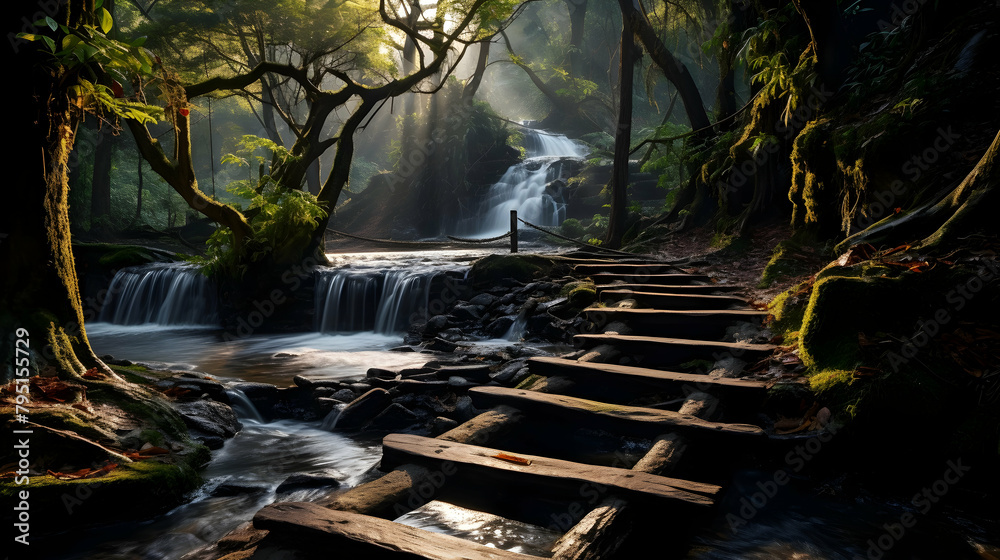 Fototapeta premium Landscape with bamboo tree and waterfall with footpath
