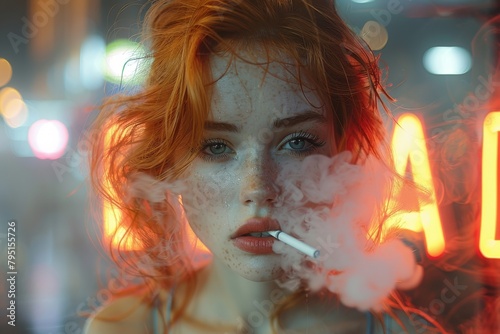 A portrait of a young woman with striking red hair and freckles smoking a cigarette in vibrant, bokeh-filled neon lighting