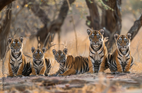 A group of tigers  including two adult and one cub in Ranthambore National Park  India  walking through the dry forest under trees