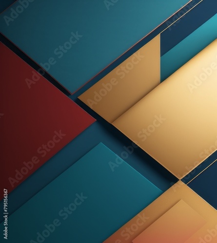A digital art piece featuring geometric shapes in shades of blue  red and gold