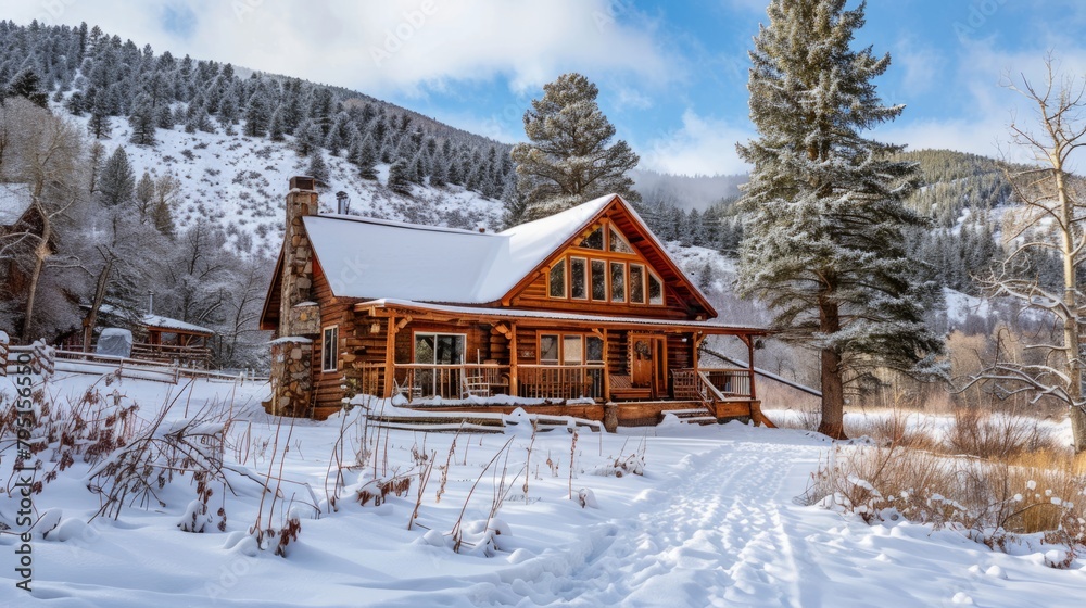 Cozy cabin nestled in the snowy mountains, offering a cozy retreat for winter yoga sessions