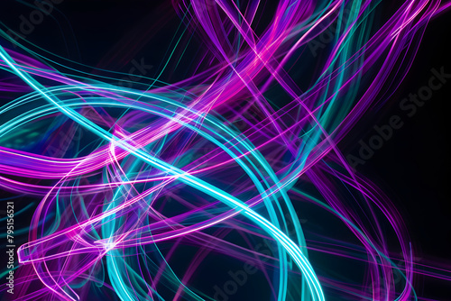 Luminous neon lines in purple and turquoise shades. Futuristic display on black background.