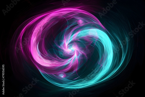 Dynamic neon galaxy swirls in pink and teal colors. Captivating composition on black background.