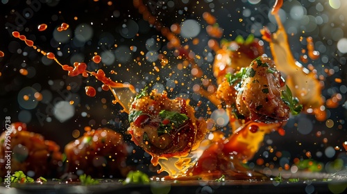 Culinary image showcasing food items being tossed and flipped with sauce flying around them photo