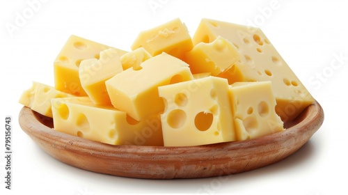 Portrait of swiss cheese in plate on white background. generative AI image