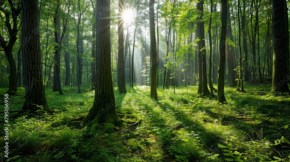Dense green forest with sunlight filtering through the canopy