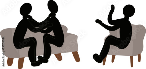 Couples Counselling vector drawing illustration with black people and grey couches of a couple fighting on a couch whilst sitting down and another person on a single couch with the arms in the air
