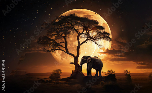 elephant sitting on a tree with the moon overhead Generative ai