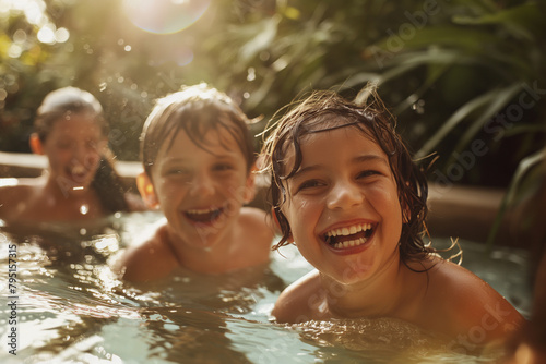 A group of children are in a pool, laughing and enjoying themselves