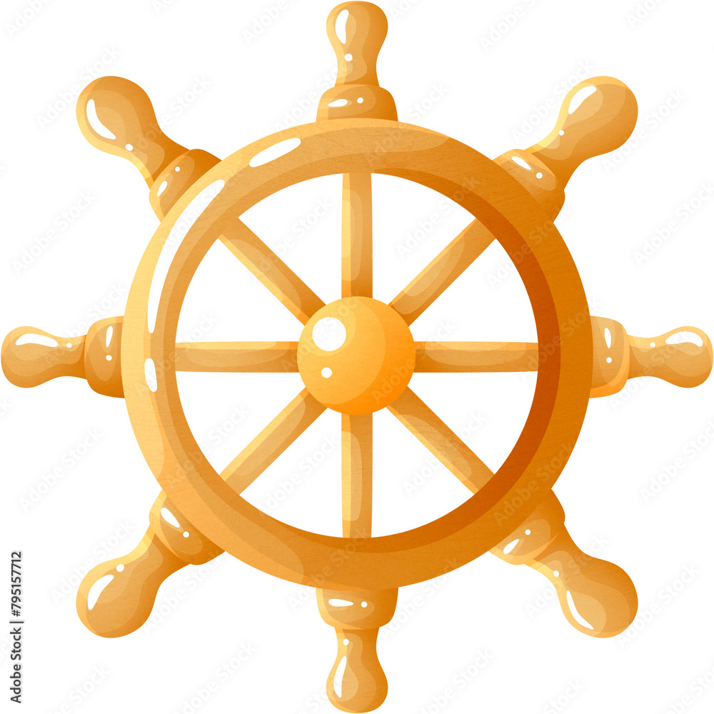 Steering wheel of ship to control sea vessel plowing ocean or carrying tourists want to relax on sea