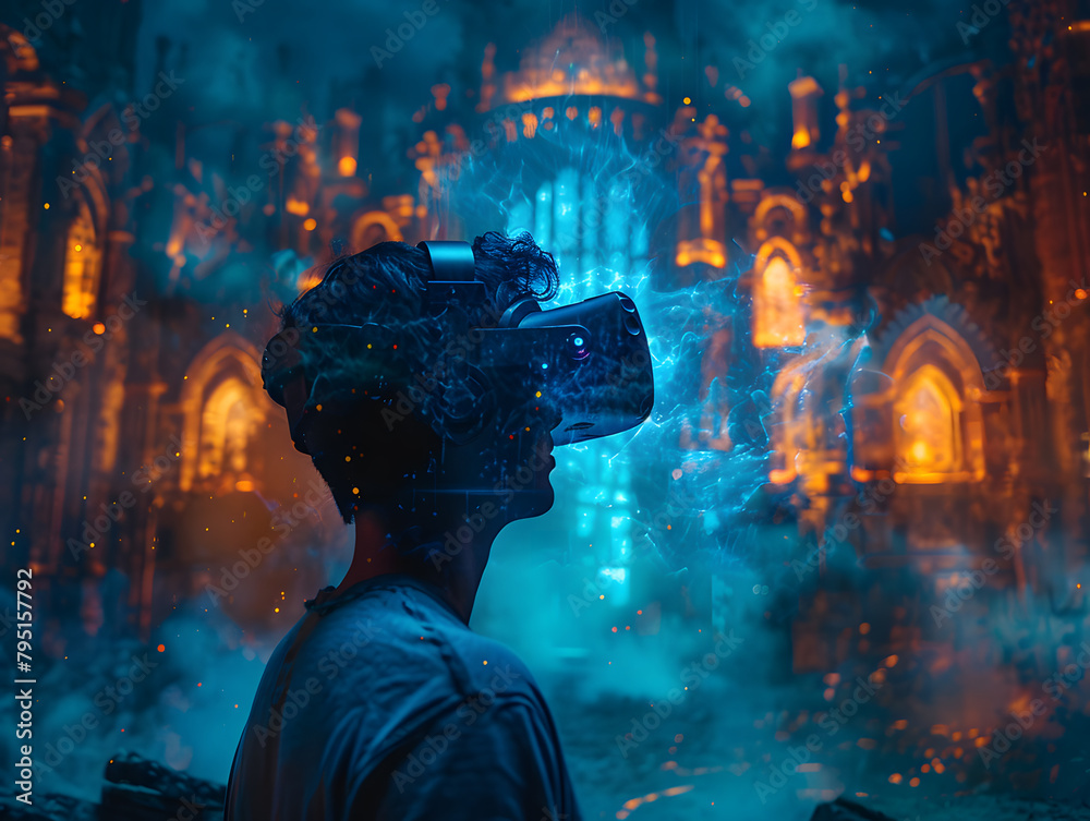 Fototapeta premium The fusion of technology and imagination in the world of VR gaming.The next frontier in gaming: where virtual reality and artificial intelligence converge.
