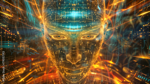 AI god - digital entity, resembling deity or superior intelligence, composed of complex circuits and glowing energy, representing advanced form of artificial intelligence or concept of digital god.