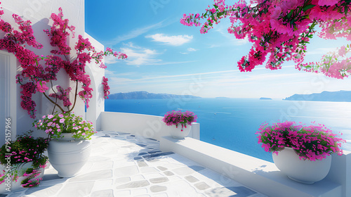 White architecture on Santorini island Greece. Flowers